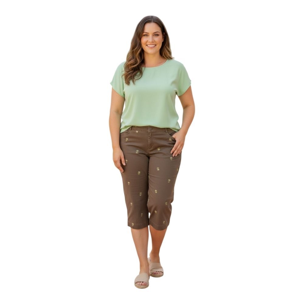 Brown Capri Pants Palm Tree Embroidery 14P Counterparts Cotton Twill Petite L